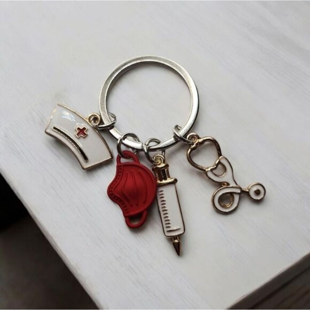 Medical Equipment Keychain Thermometer Stethoscope Nurse Cap Key Ring Doctor